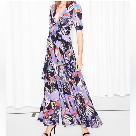 & Other Story's Nostalgia Floral Short Sleeve V-neck Maxi Dress W/Slits Size 8 - Picture 1 of 11